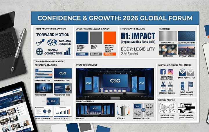 Professional corporate meeting mood board mockup by Impact Studios, showcasing integrated branding for stage design, digital graphics, and hybrid event collateral