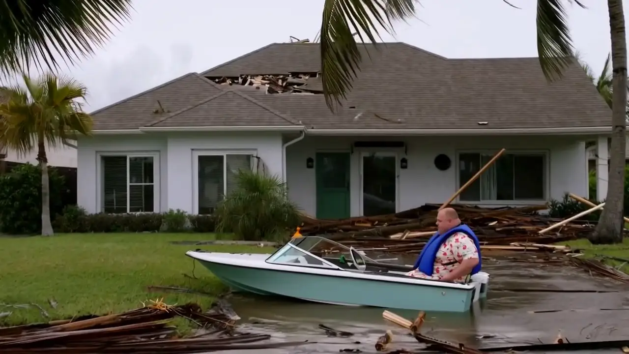 AI-generated hero image from the "Big Nightmares, Real Budget" insurance commercial — subject seated in a boat on a flooded lawn.