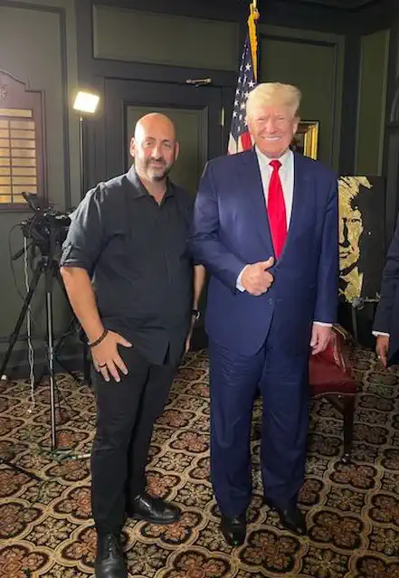 Impact Studios DP John Carboni with President Donald Trump, who gives a thumbs up, after the Bedminster broadcast interview