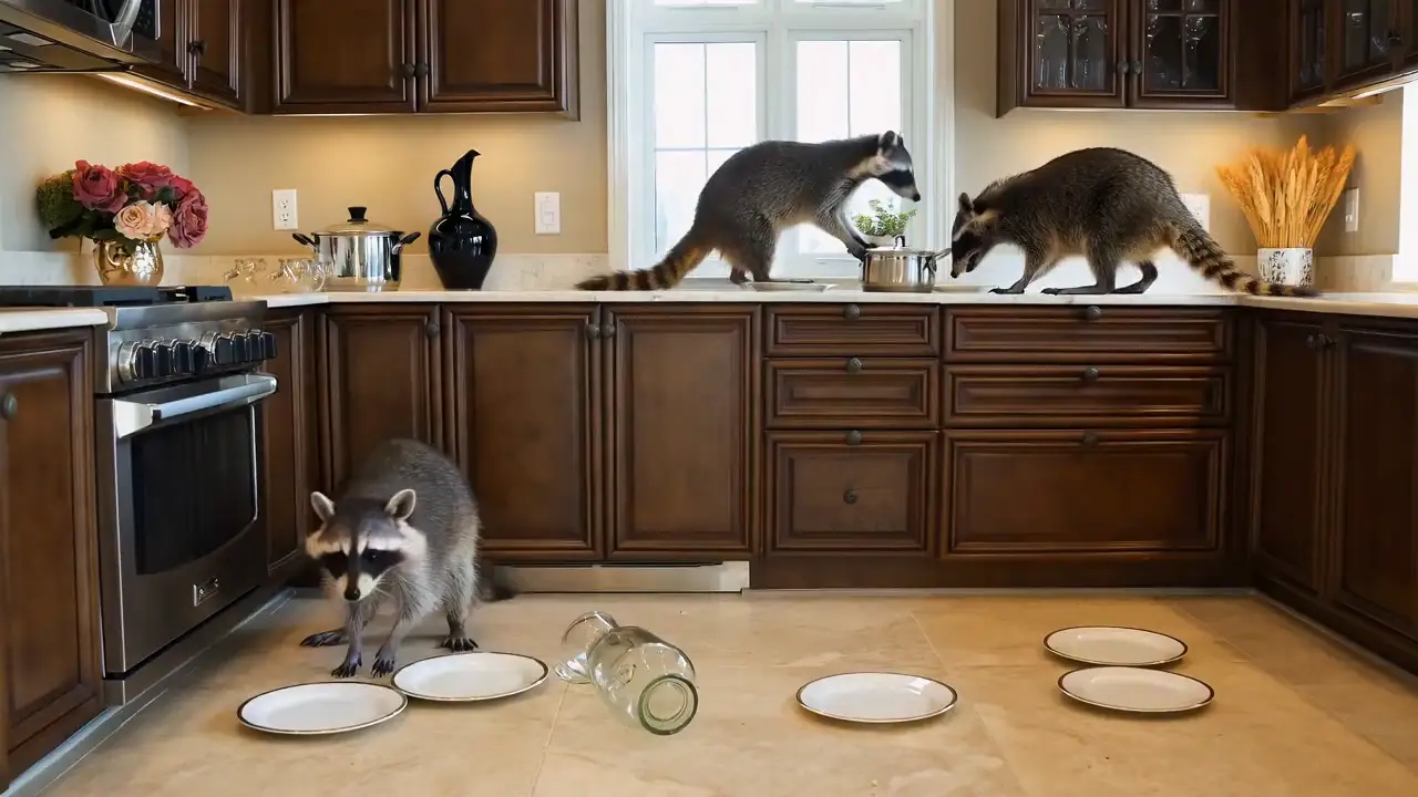 Wild raccoons tearing apart a kitchen