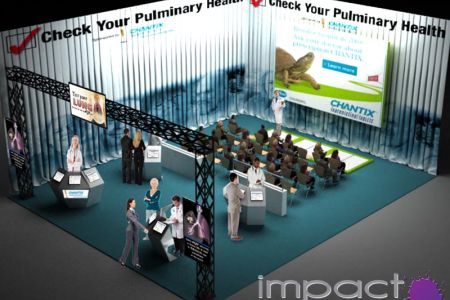 3d rendering of booth and branding for chantix (pharmaceutical) for consumer health fair by Impact Studios