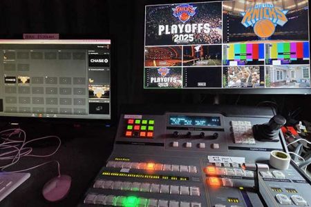 Blackmagic video switcher being used to cut NY Knicks Playoff game watch party