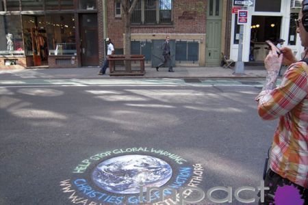 Brand message drawn in street with chalk for guerilla marketing campaign