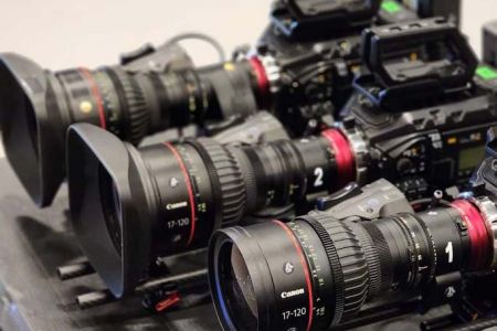 Closeup of Blackmagic Ursa cameras with Canon cinema lenses
