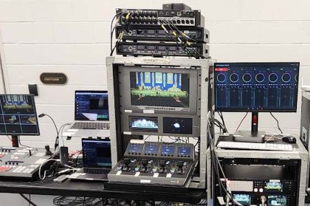 On location with 2 M/E Blackmagic Broadcast panel and full remote setup including blackmagic camera chains, and hyperdecks