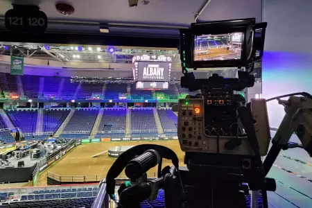 Elevated camera position for multi-camera Pro Bull Riding in Albany, NY