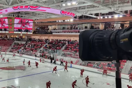 Elevated camera position for multi-camera Sacred Heart University hockey broadcast production