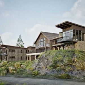 High-definition 3D visualization illustrating the complete transformation of a historic barn into a luxury lodge, showcasing the adaptive reuse design that modernizes the interior while preserving original heavy-timber framing.