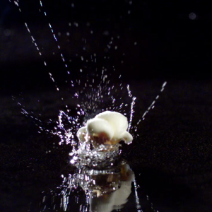Initial kernel fracture of popcorn captured at 30,000 FPS high-speed videography.