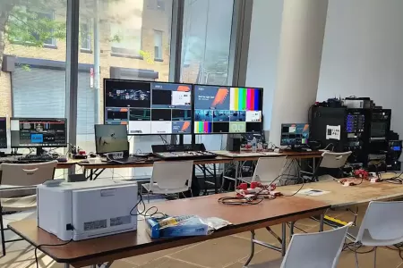 Multi-camera production control area setup in New York City building lobby