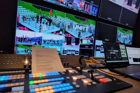 Video switcher closeup at Tunnel to Towers live boxing production at Staten Island Yankees ballpark